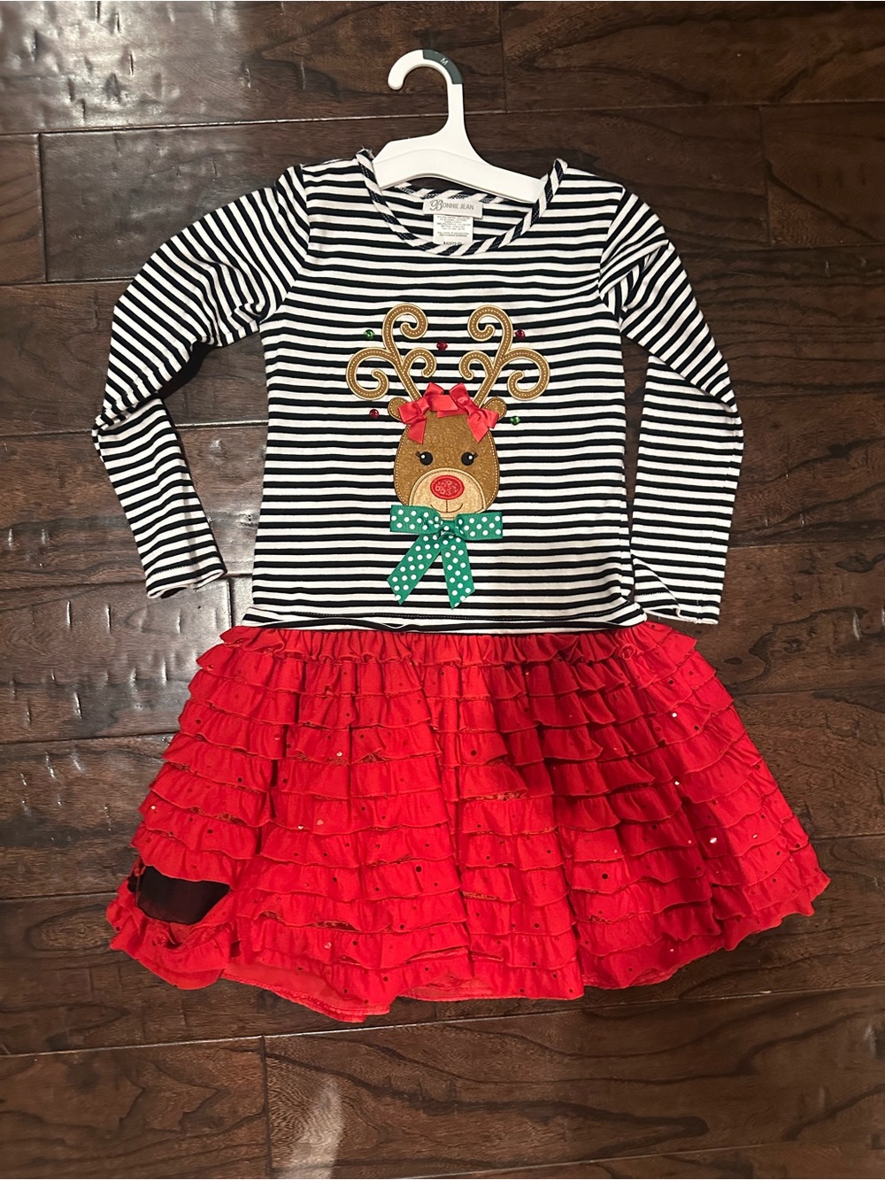 Bonnie Jean Black & White Striped Top with Red Ruffle Skirt Holiday Dress